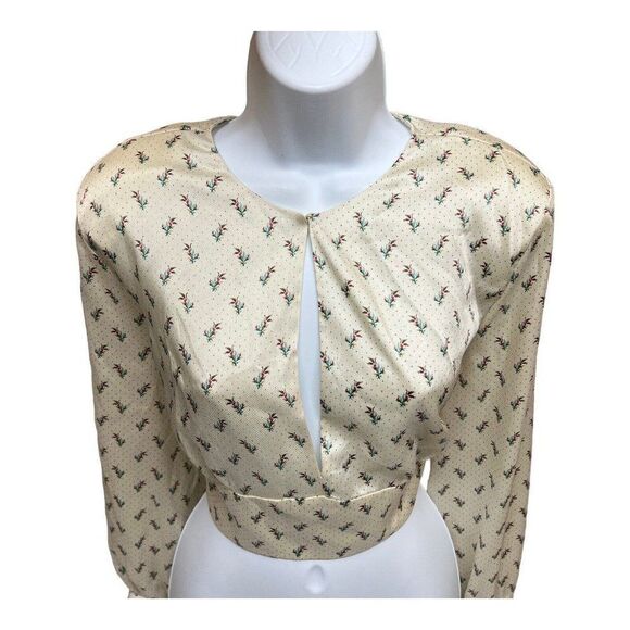 ZARA L SATIN SHOULDER PAD BLOUSE FLORAL & DOTS CREAM SLIT SEXY CROP BLOGGERS NEW - Picture 14 of 15